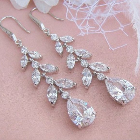 Elegant Linear Leaf Diamond CZ Dangle Earrings Long Silver Nadri Style - Picture 1 of 8